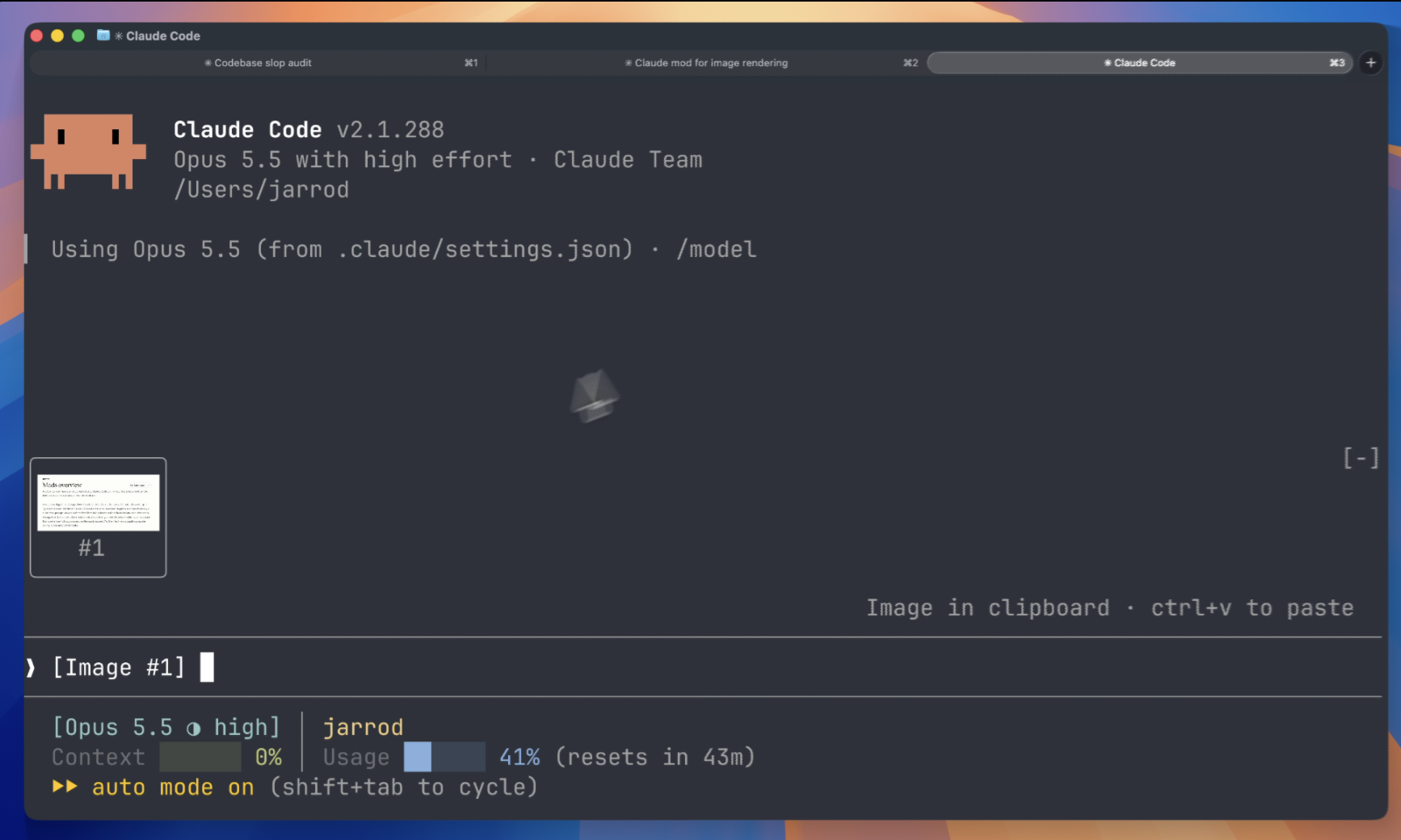 Claude Code in a terminal with a thumbnail of a pasted screenshot above the prompt, labelled #1