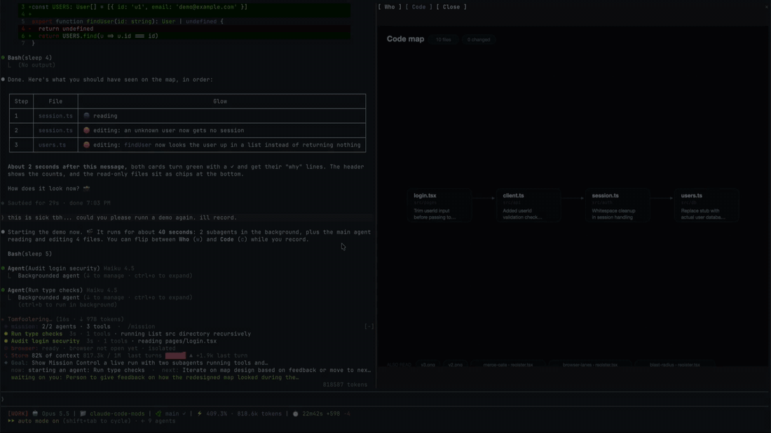 mission-control showing two subagents and the files they touch changing colour as they are read and written