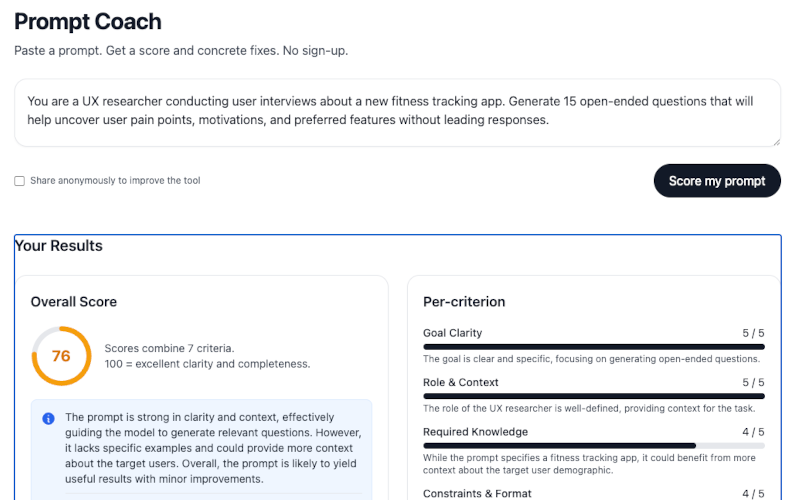 Prompt Coach interface showing prompt analysis and suggestions