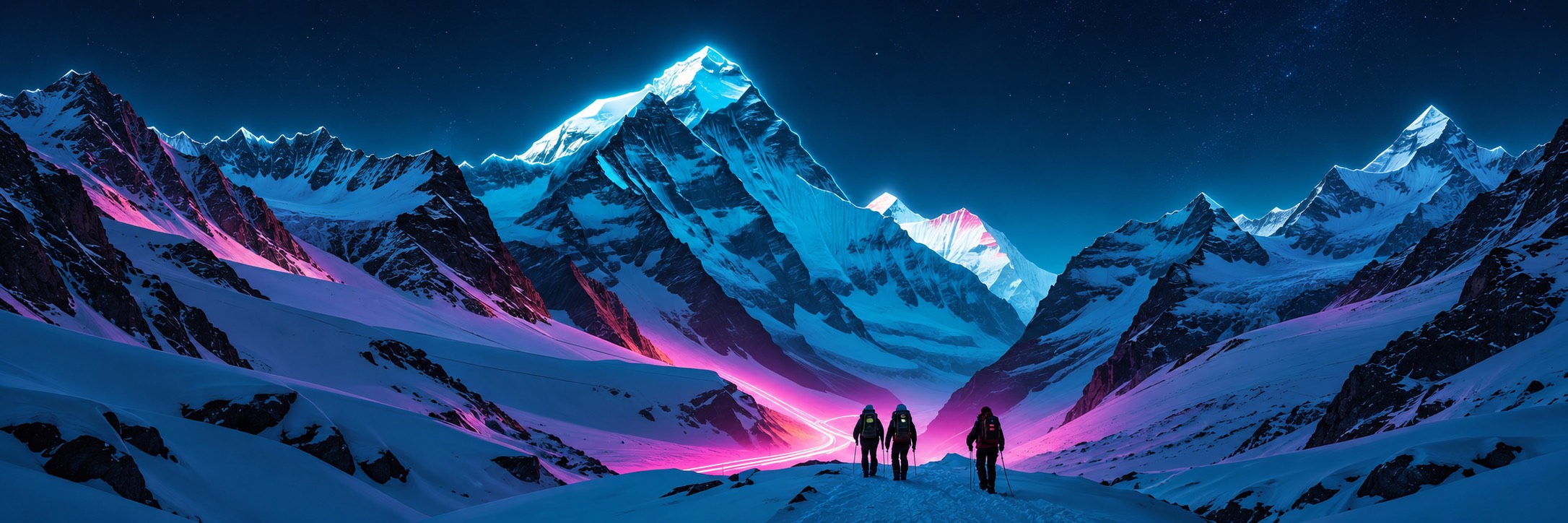 Mountain climbers ascending a neon-lit peak