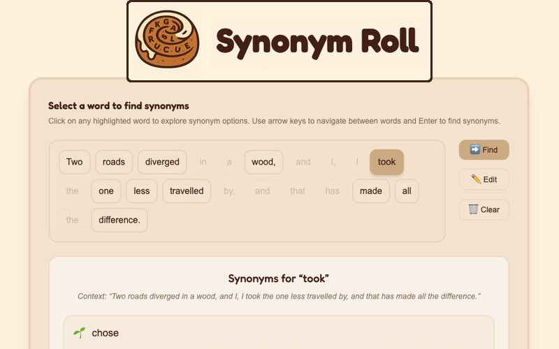 Synonym Roll interface showing word suggestions in action